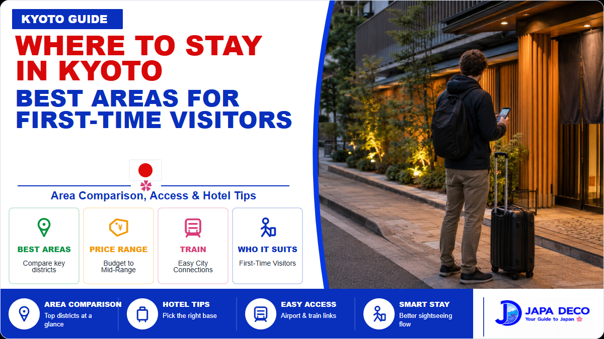 JapaDeco travel guide visual for choosing where to stay in Kyoto