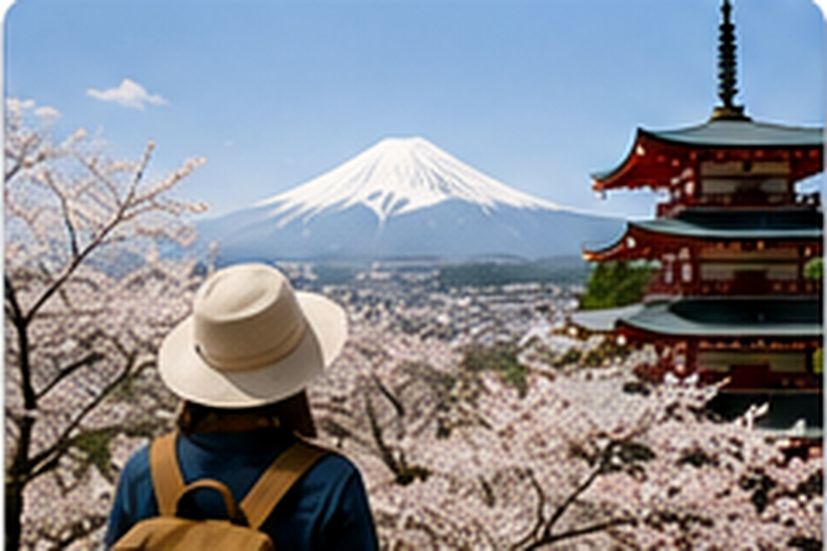 Traveler looking toward Mount Fuji during a spring trip in Japan