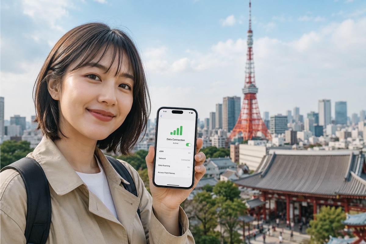 Traveler in Tokyo checking an active mobile data connection on a smartphone