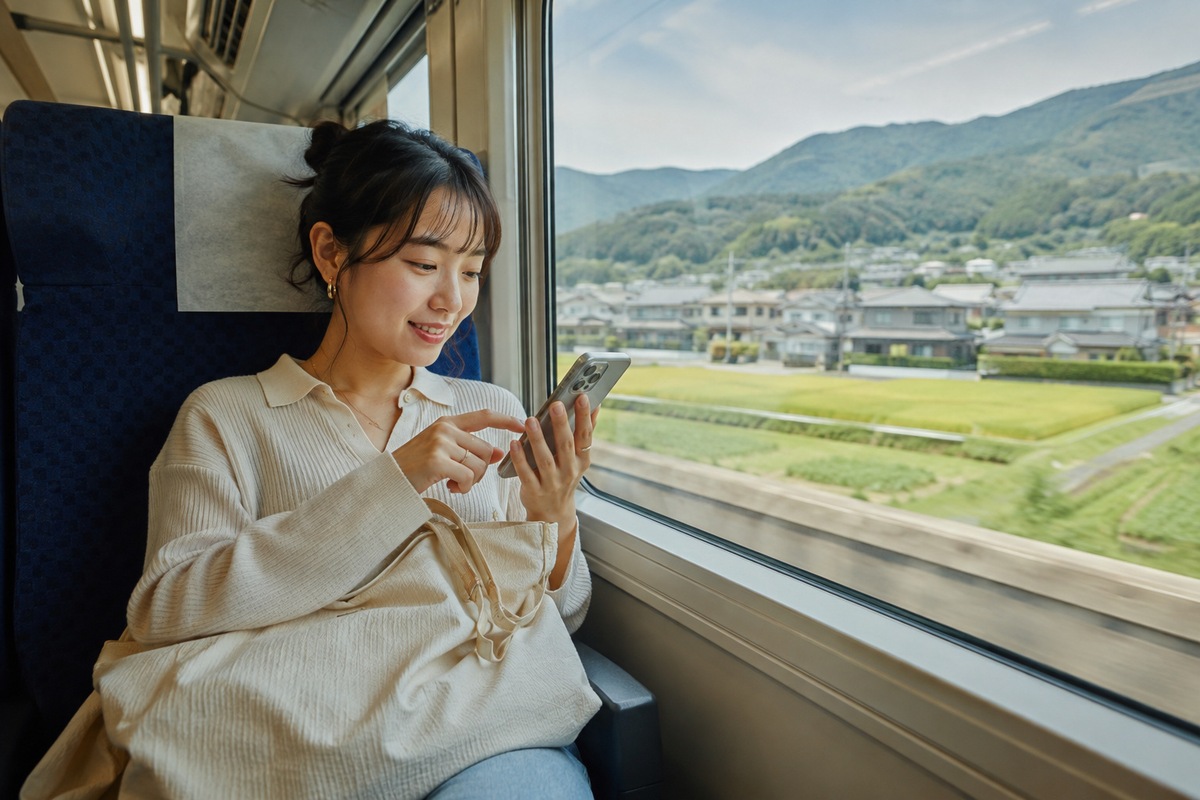 Traveler using a smartphone while riding a train through rural Japan
