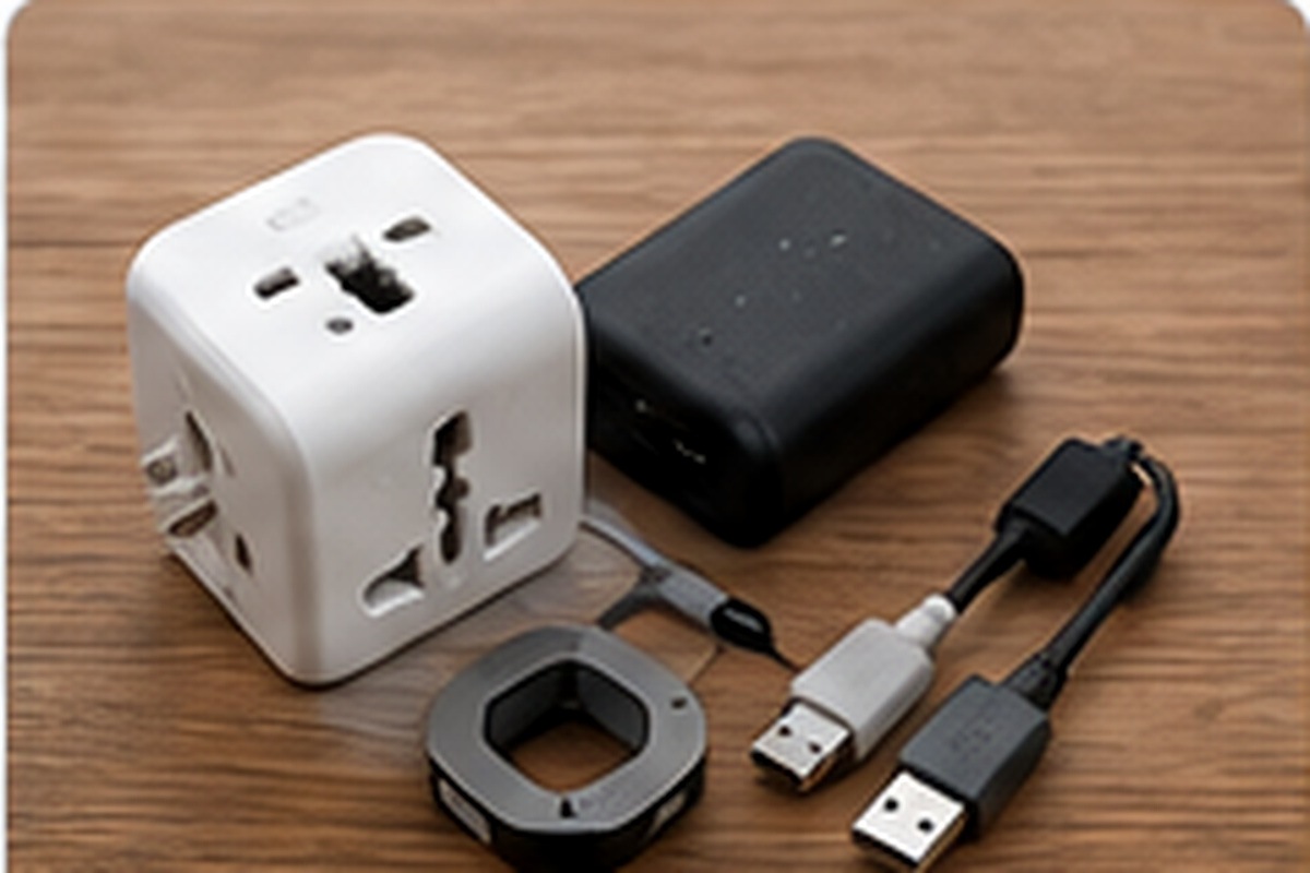Travel plug adapter charging cables and mobile battery prepared for a Japan trip