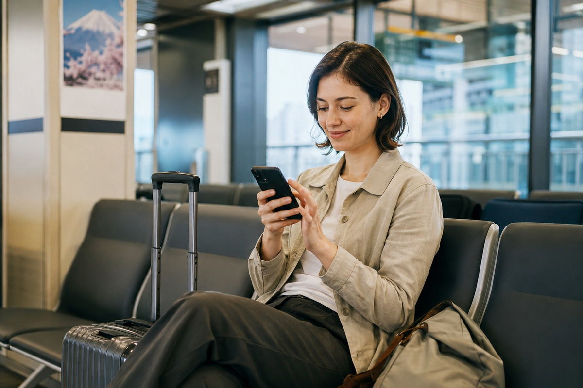 Traveler setting up mobile data on a phone at an airport with luggage