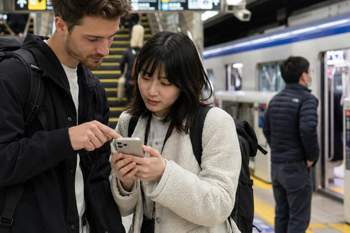 Travelers checking a route on a phone at a Japanese subway platform