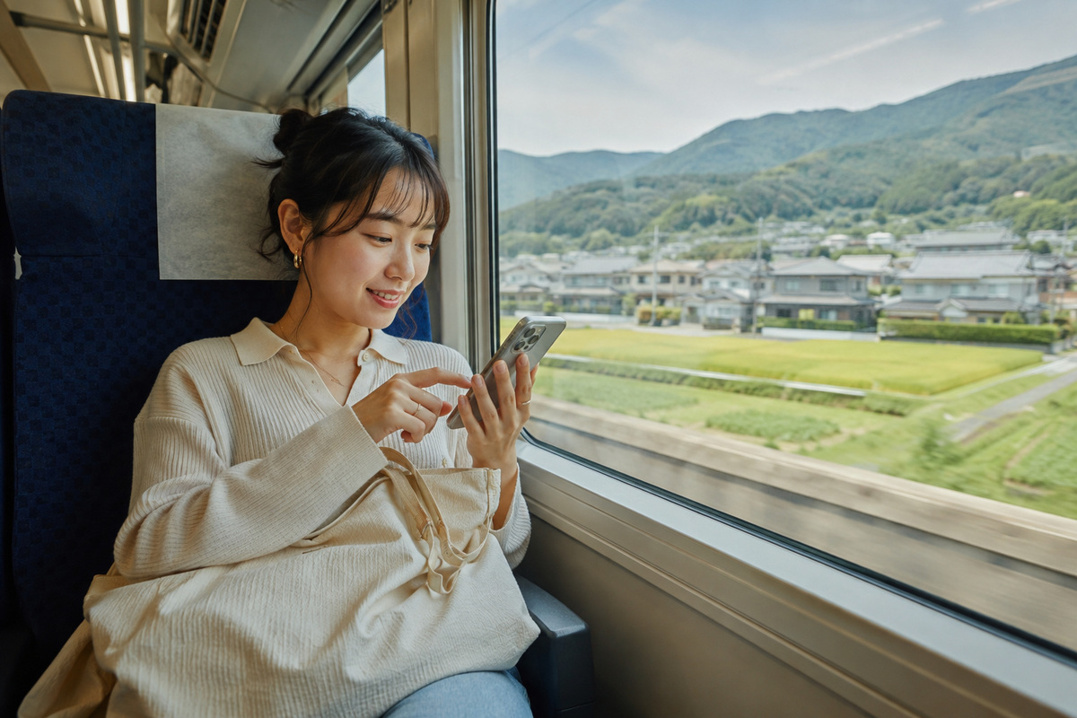 Traveler using a phone on a train through rural Japan