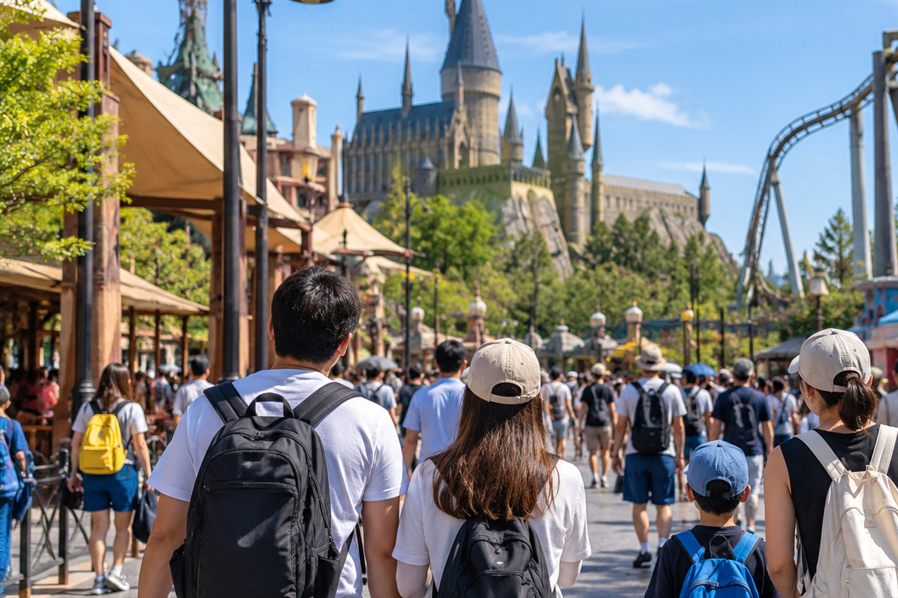 Visitors walking through a busy themed area during a theme park day