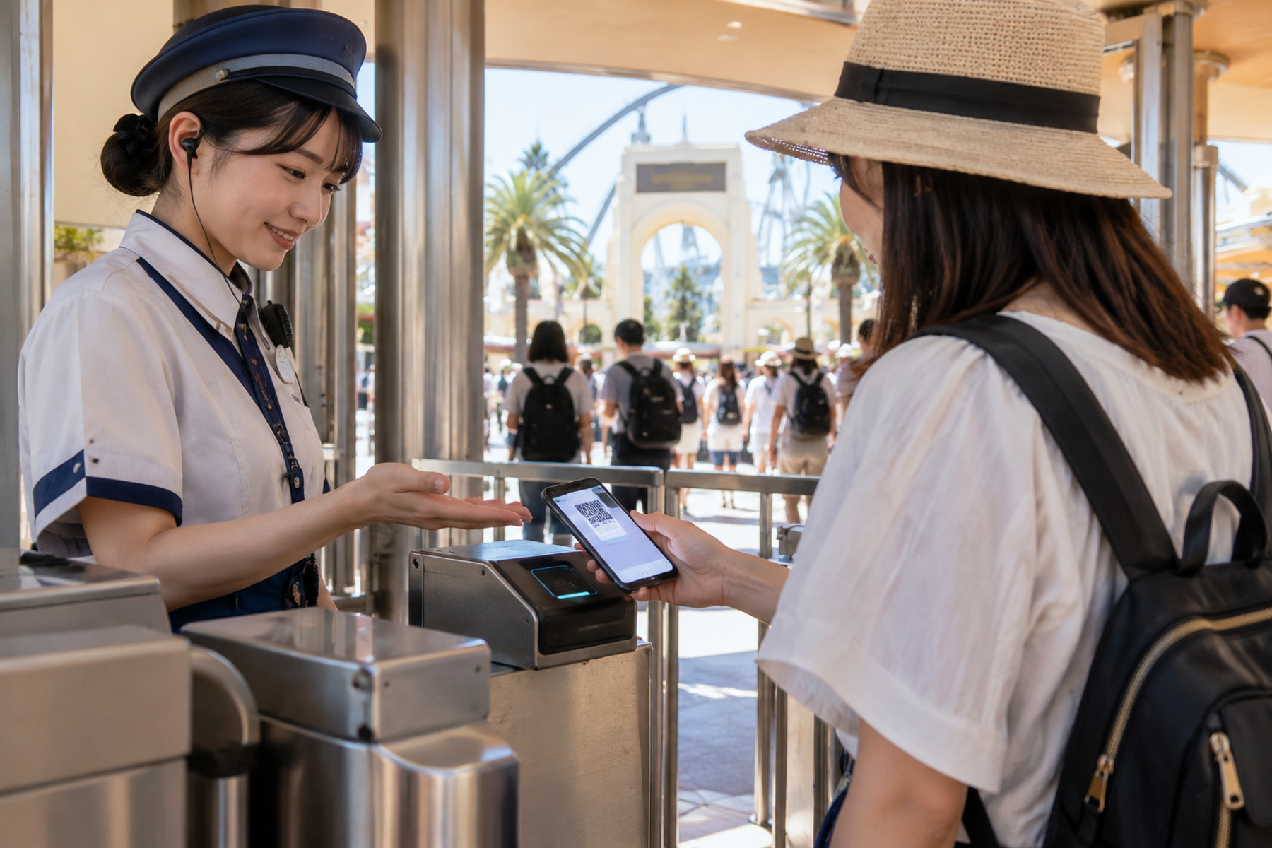 Visitor scanning a phone ticket at a theme park entrance gate