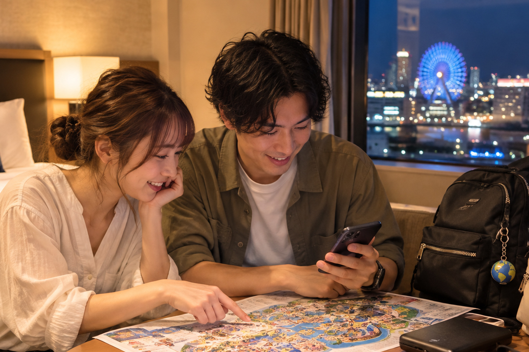 Travelers reviewing a park map and phone before a theme park visit