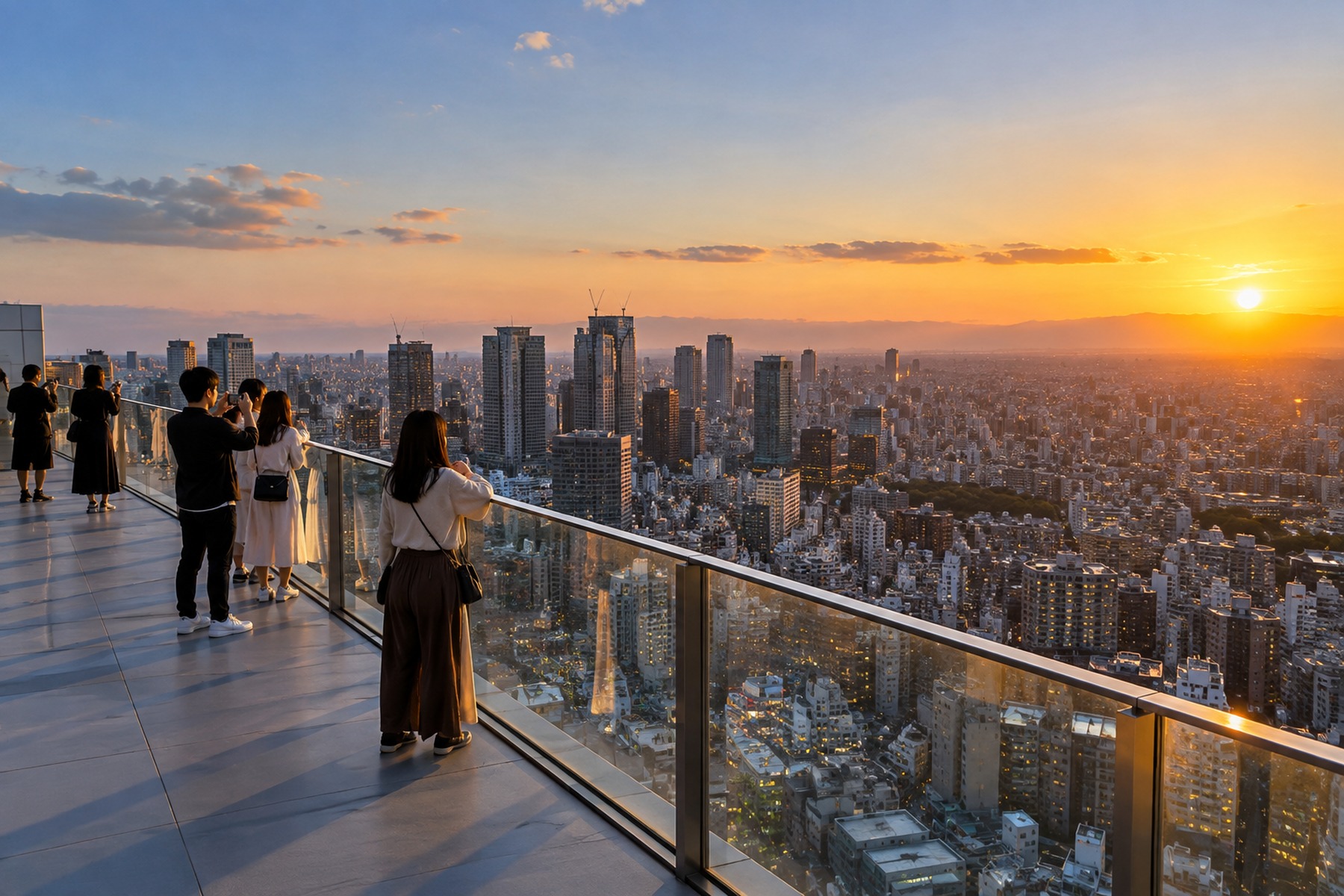 Tokyo skyline from a rooftop observation deck at sunset
