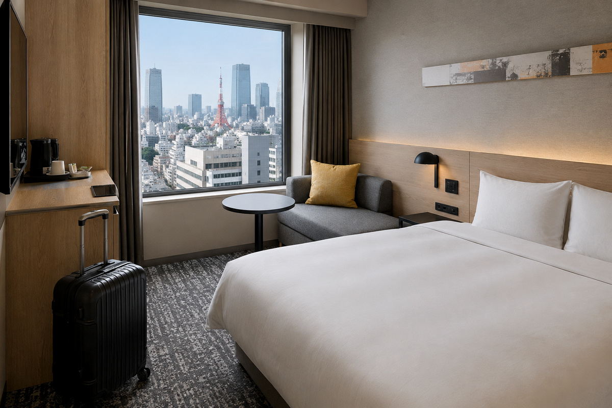 Modern Tokyo hotel room with a city skyline view and luggage space