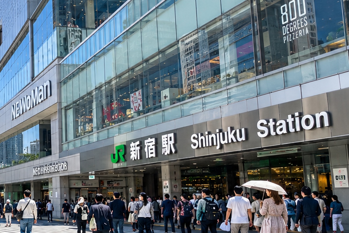 Shinjuku Station entrance in daytime with commuters outside