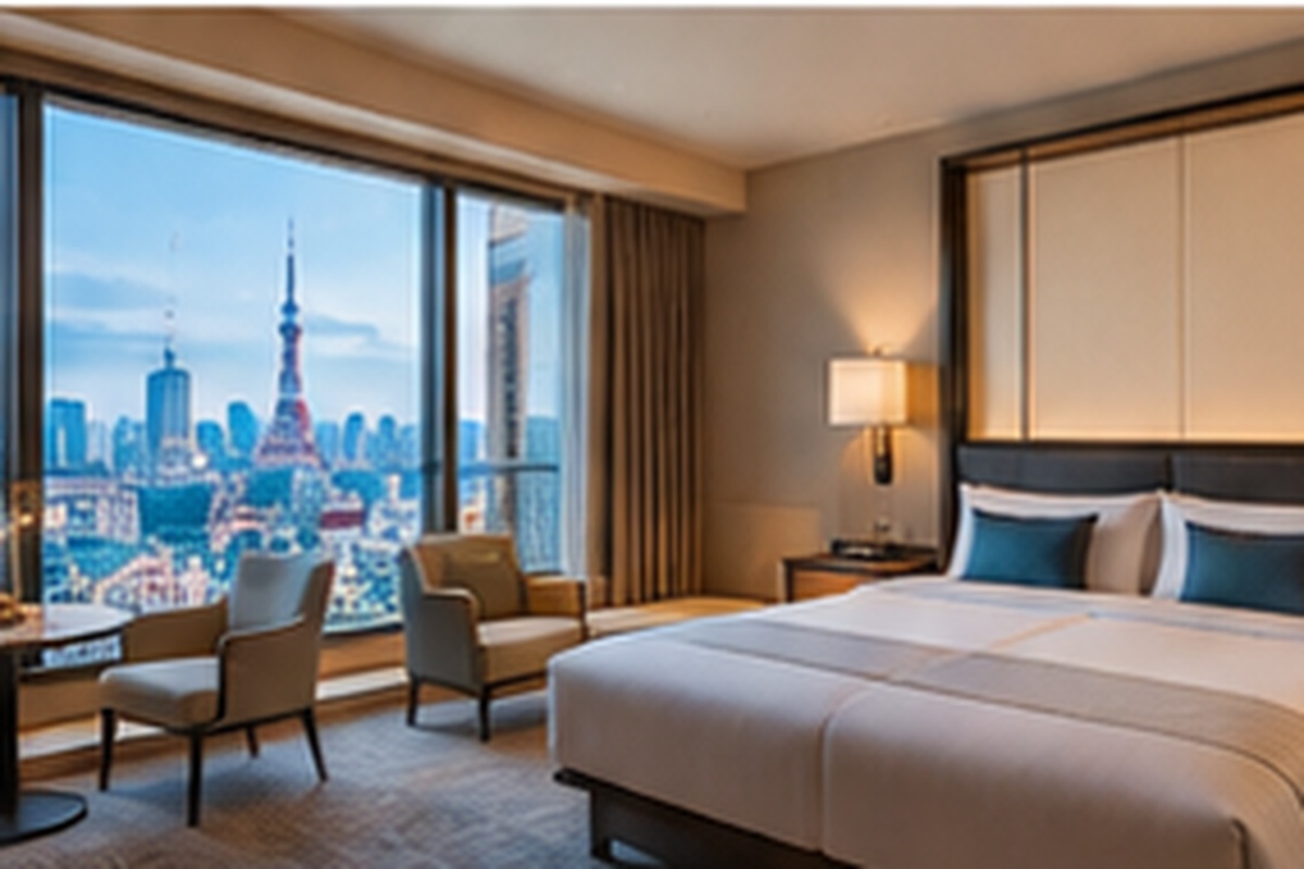 Modern Tokyo hotel room with large window and city skyline view