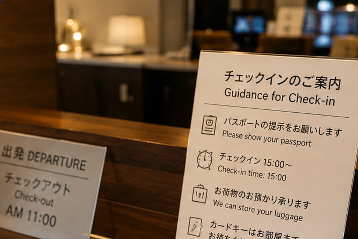 Hotel check-in counter with guest information signs