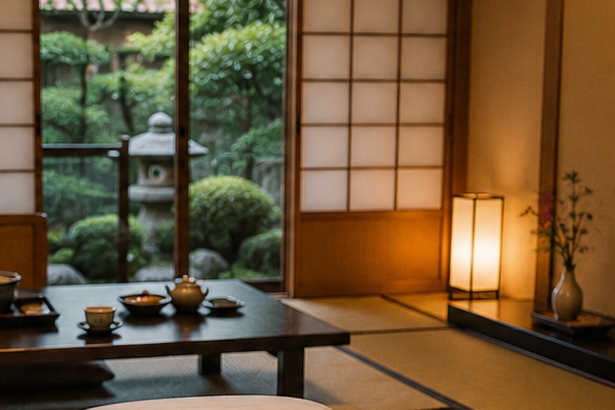 Traditional Kyoto-style ryokan room with tatami, low table and garden view