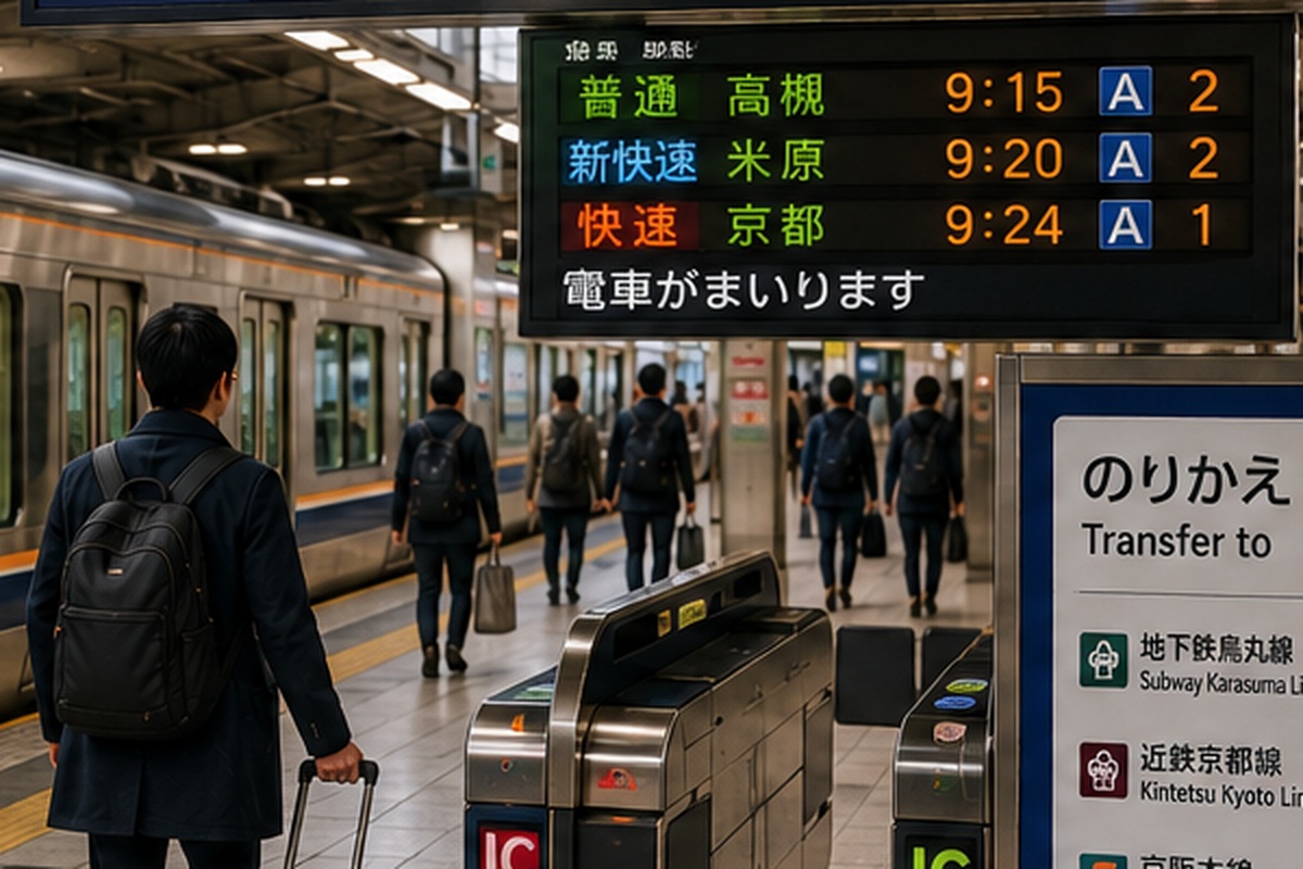 Traveler with suitcase at a major Kyoto rail station for easy arrivals and day trips