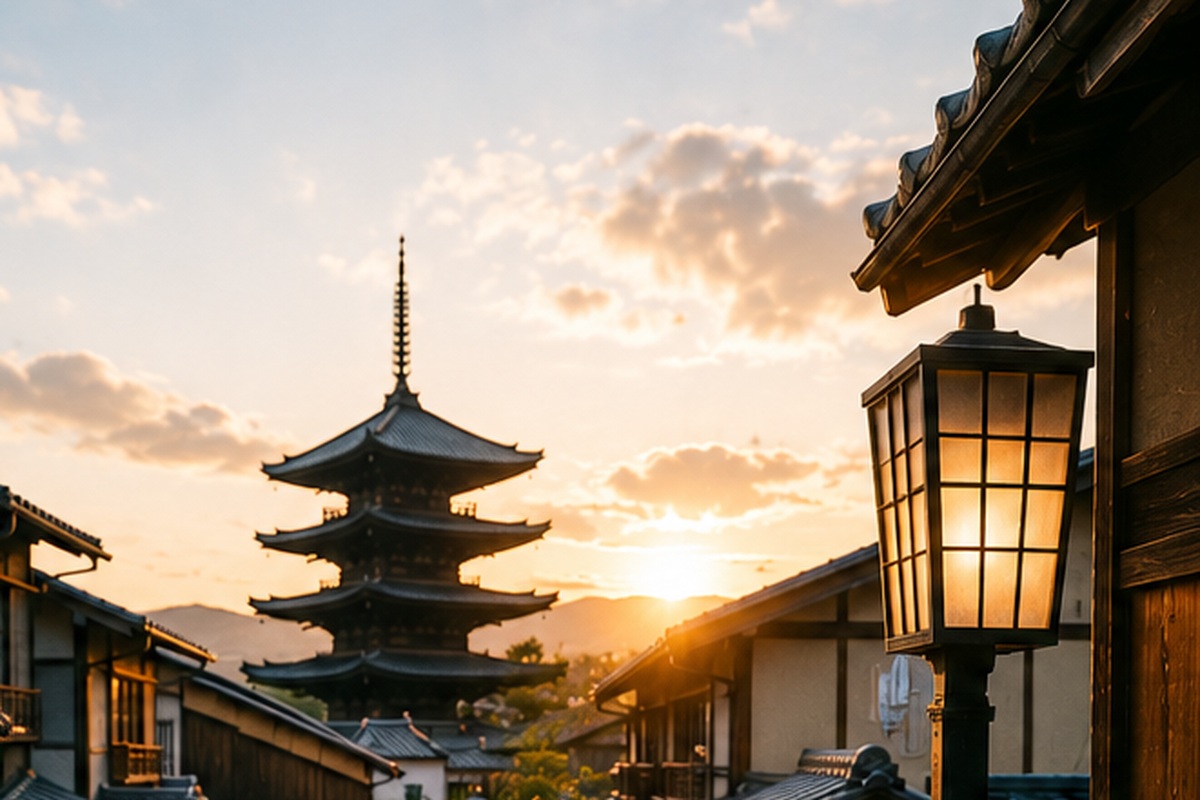 Historic Higashiyama street in Kyoto with traditional wooden buildings and pagoda at sunset