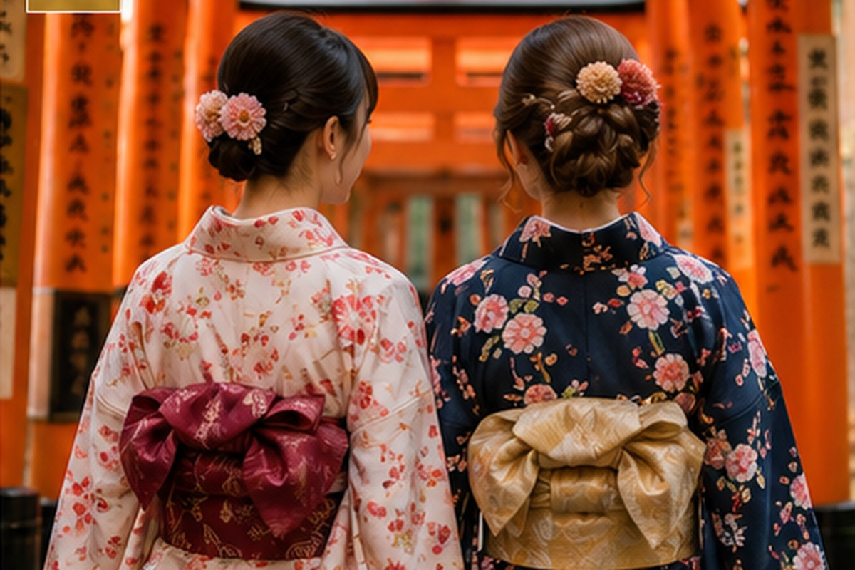 Visitors in kimono walking through the vermilion torii gates in Fushimi Kyoto