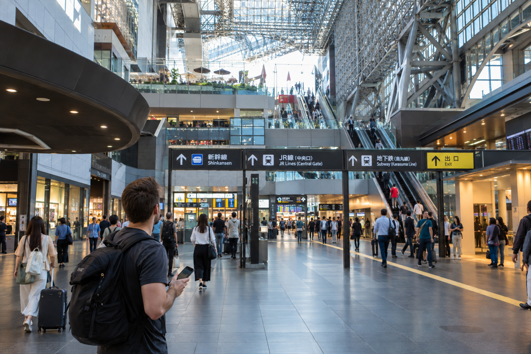 Traveler navigating the large Kyoto Station concourse