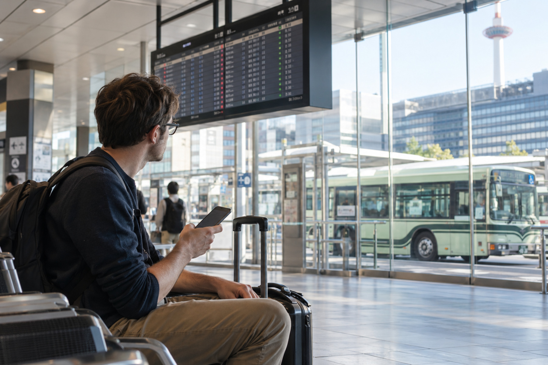 Seated traveler checking a phone beside luggage in a station waiting area
