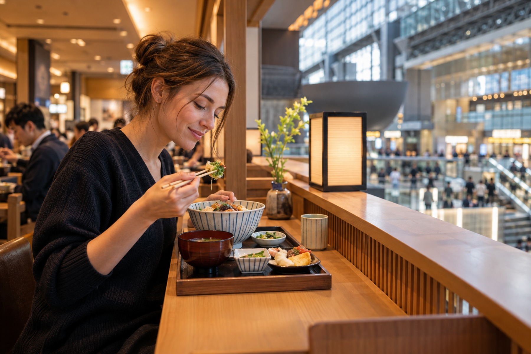 Traveler eating a Japanese set meal beside a window