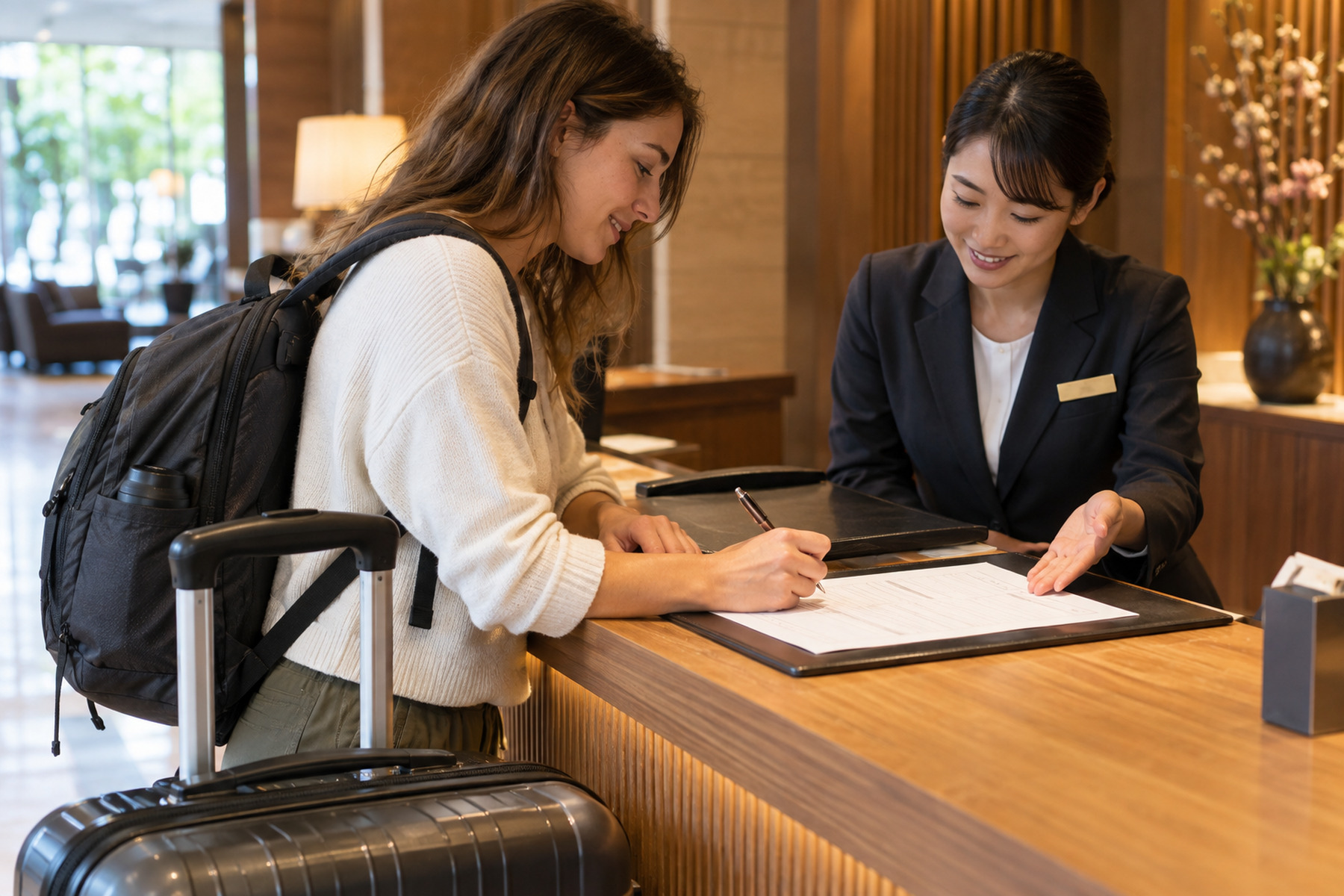 Traveler completing a luggage delivery form at a hotel reception desk