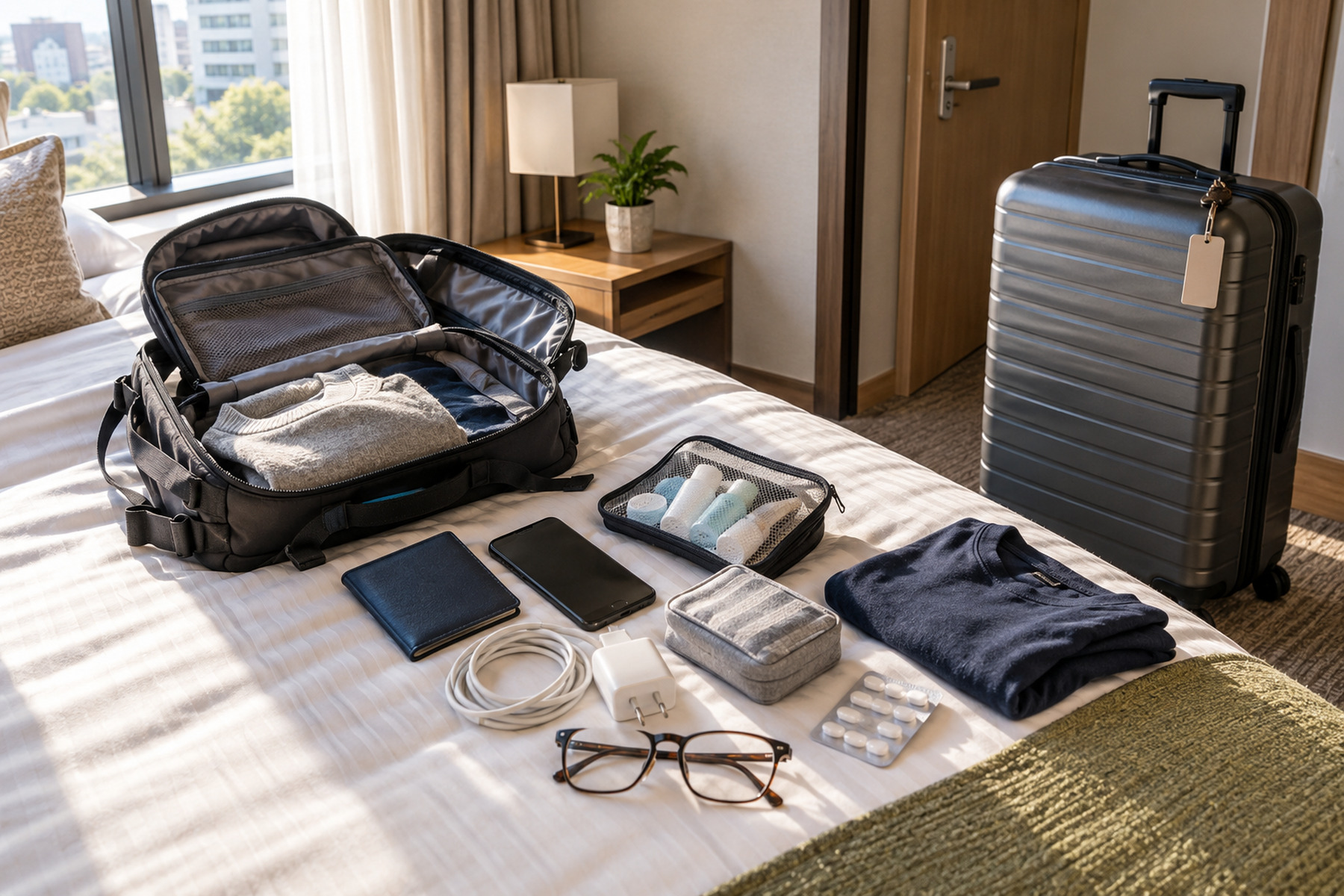 Overnight bag and travel essentials prepared before forwarding a suitcase