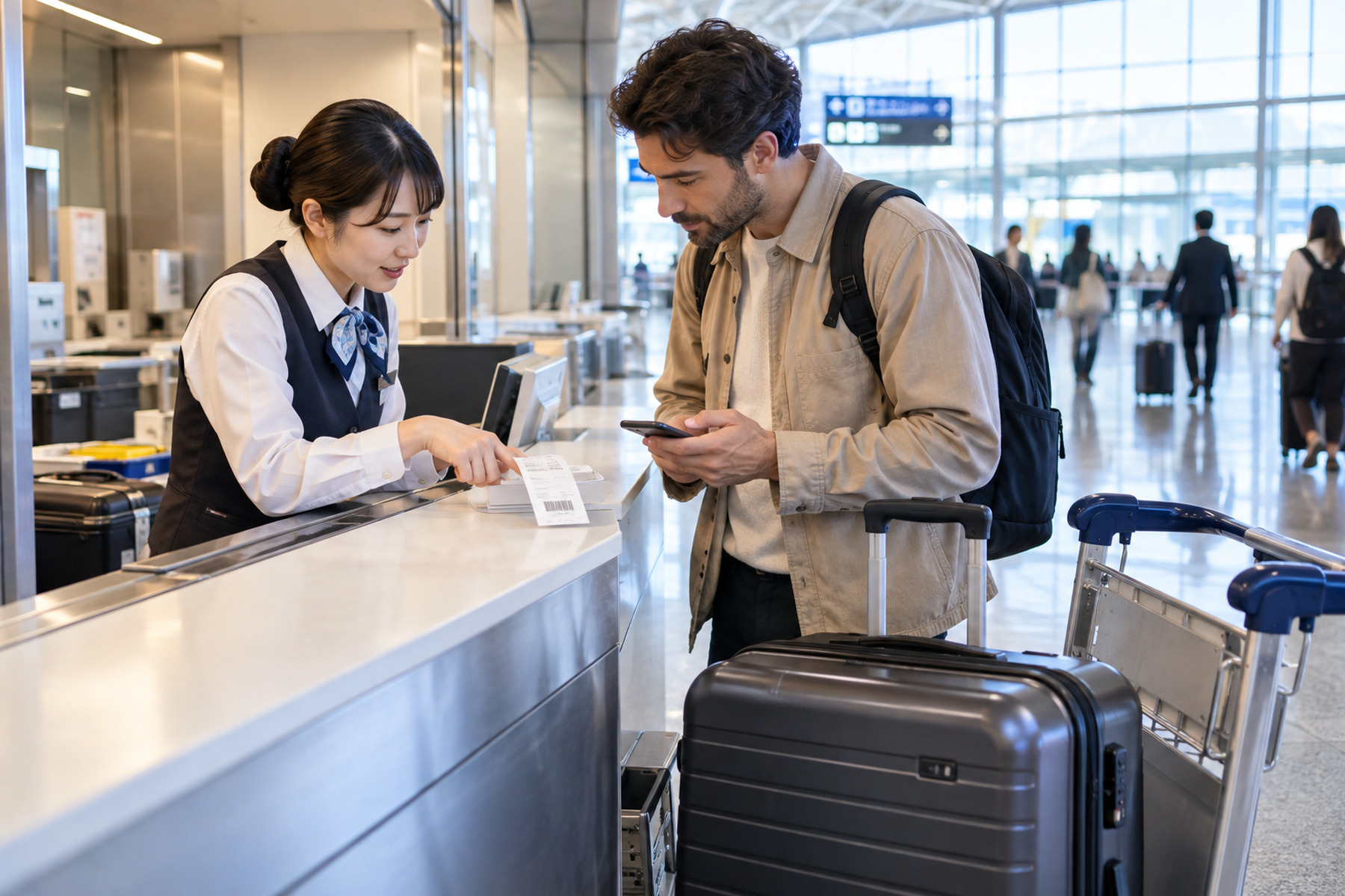 Traveler confirming luggage details at an airport baggage counter in Japan