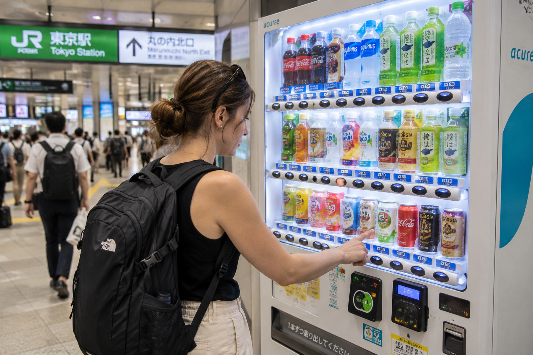 Traveler choosing a bottled drink from a vending machine inside a busy Japanese train station