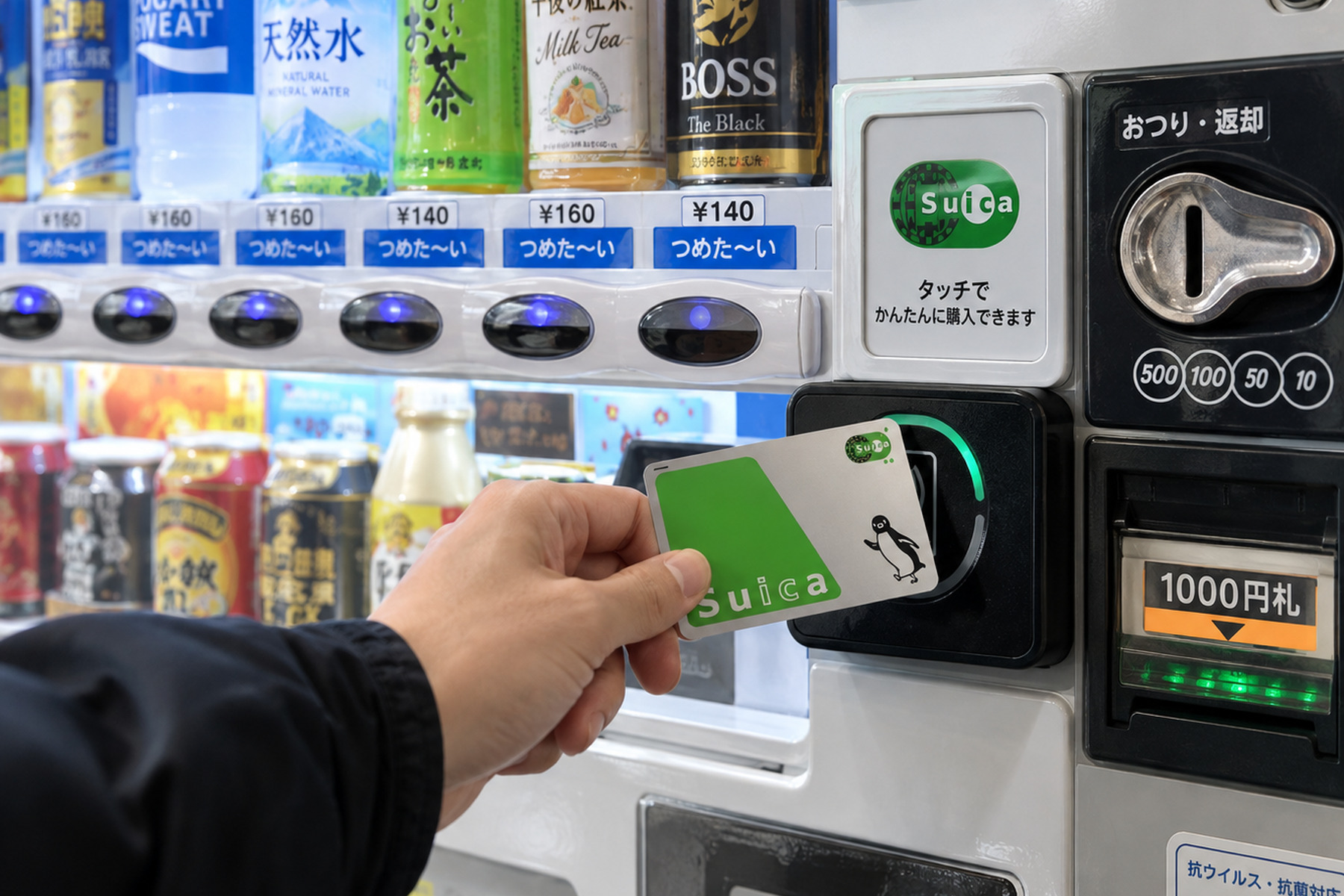 Suica card held to the contactless reader on a Japanese drink vending machine
