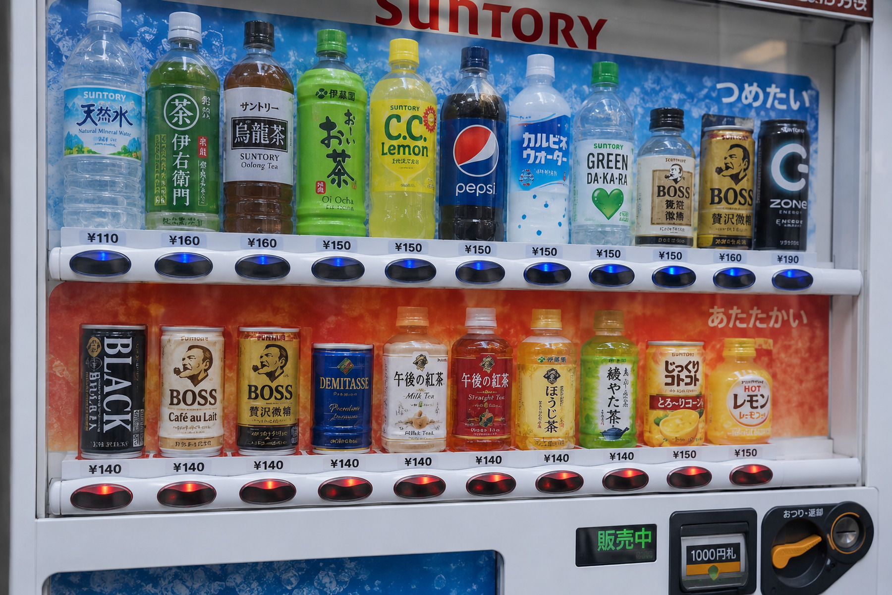 Japanese vending machine with blue cold drink indicators and red hot drink indicators