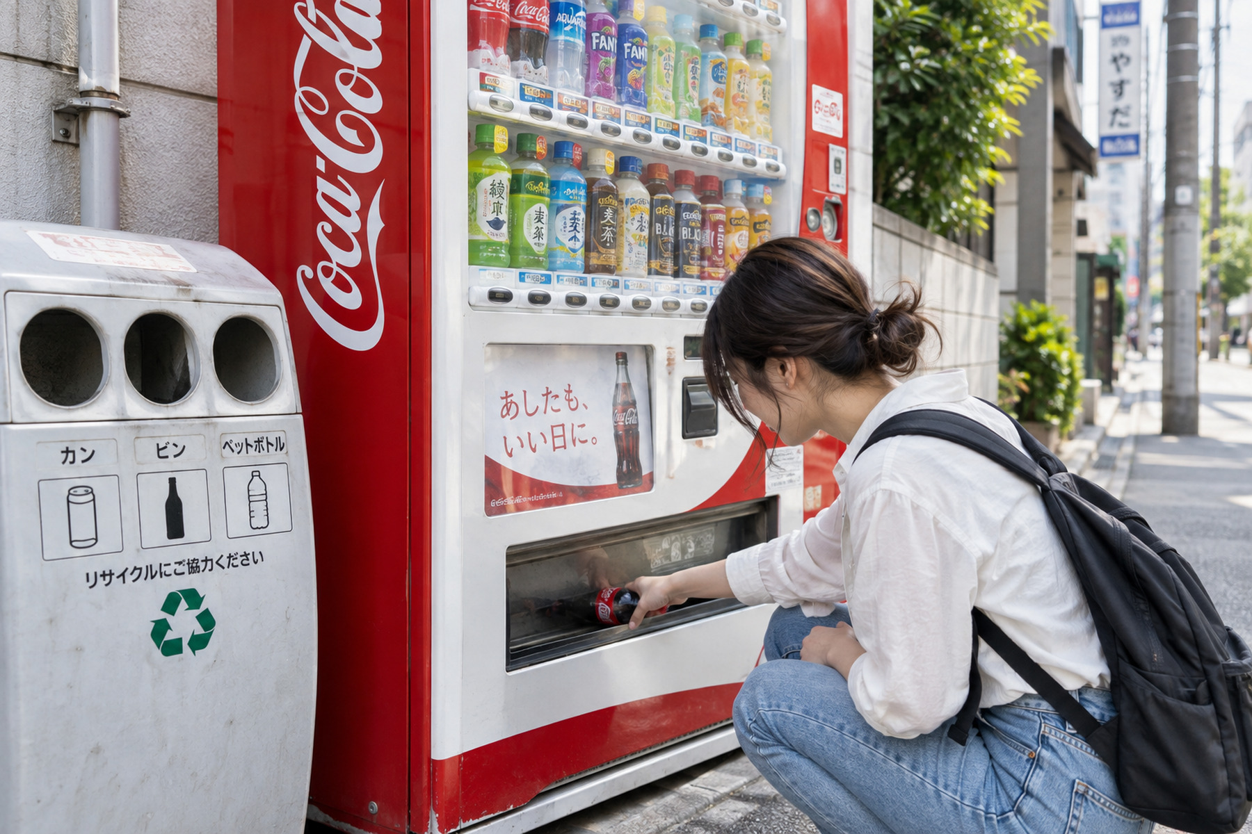 Traveler collecting a drink from a vending machine beside a beverage-container recycling box