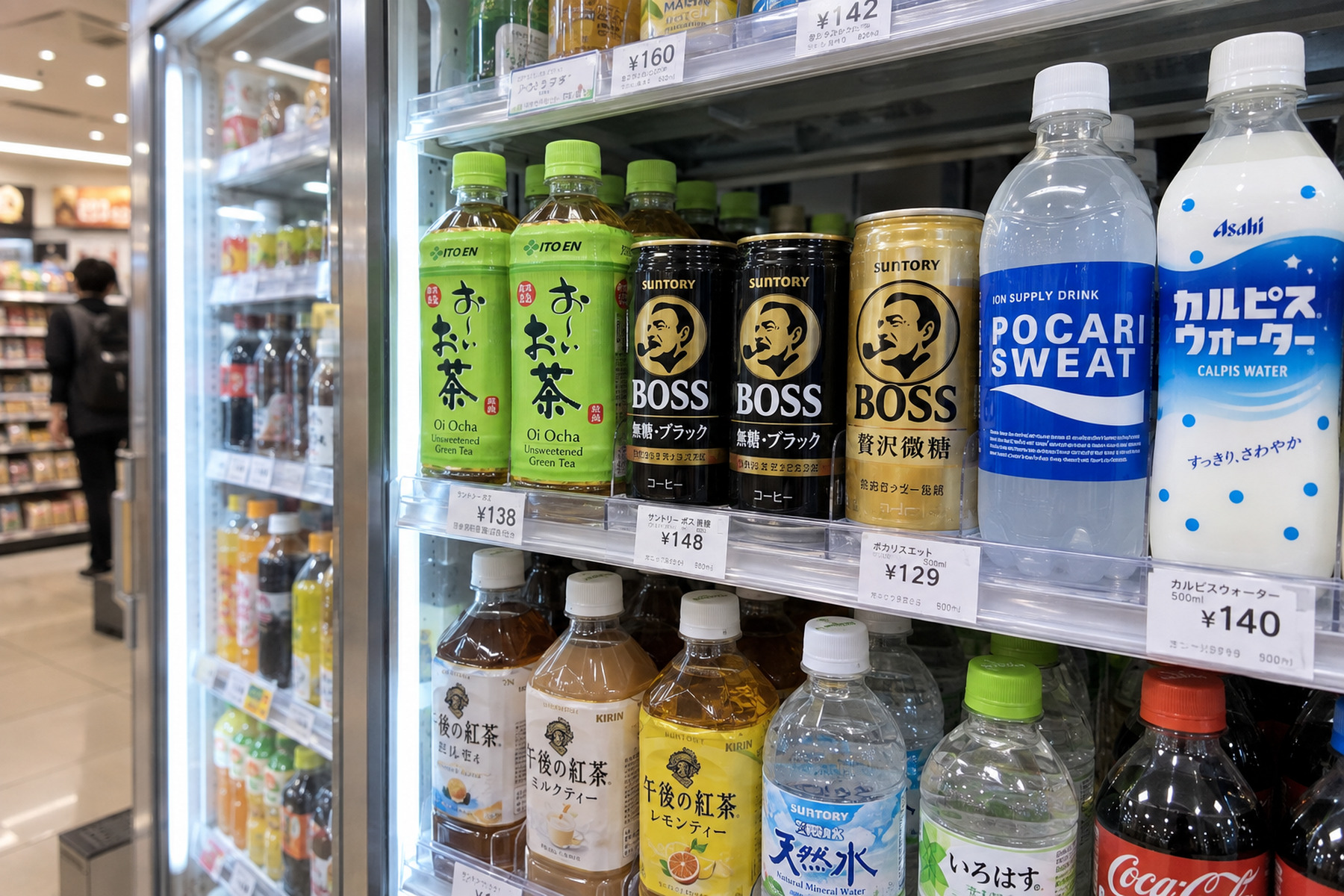 Convenience-store drinks including Oi Ocha, BOSS coffee, Pocari Sweat and Calpis Water