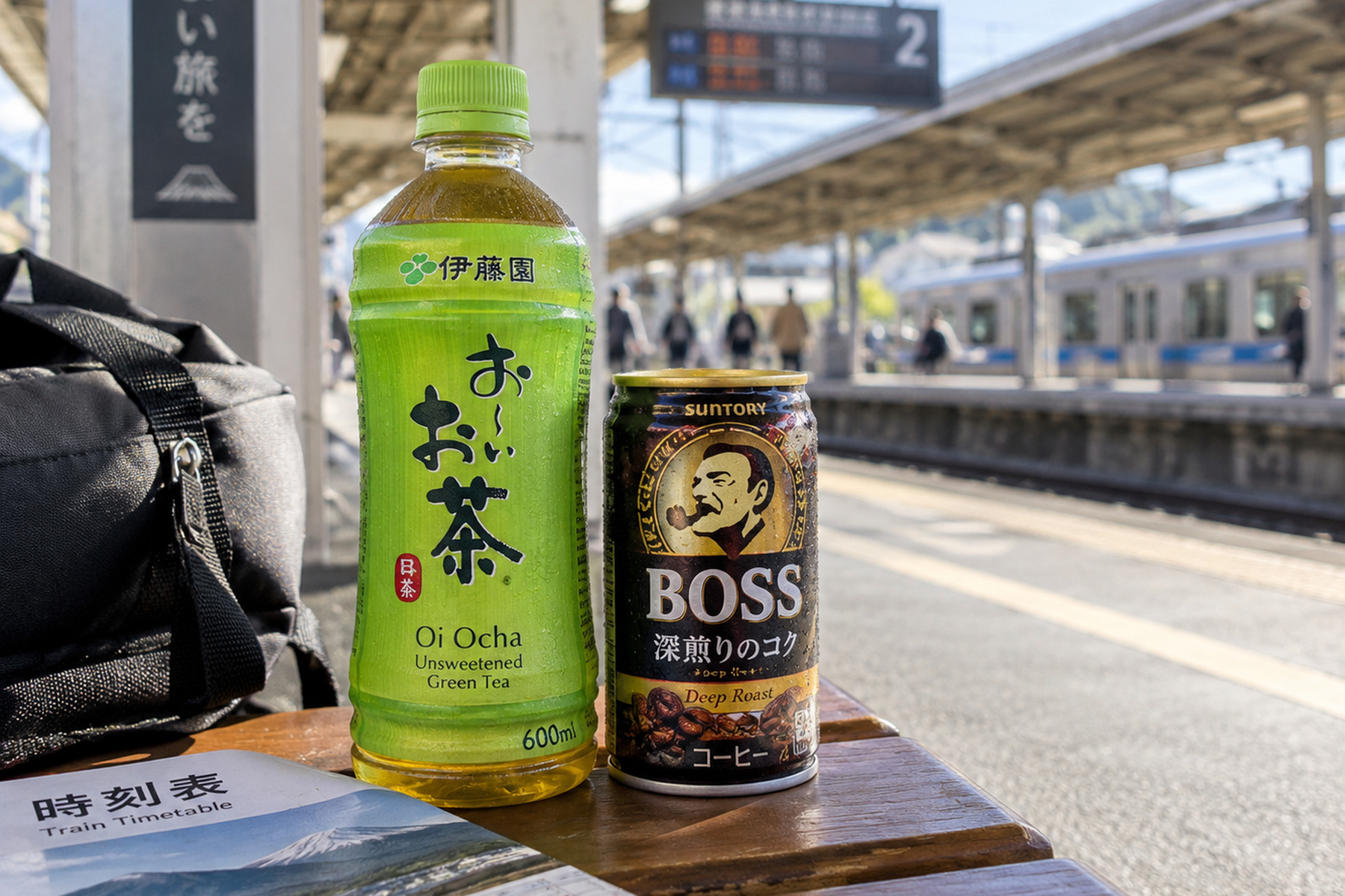 Oi Ocha green tea and BOSS canned coffee on a station bench beside a travel bag