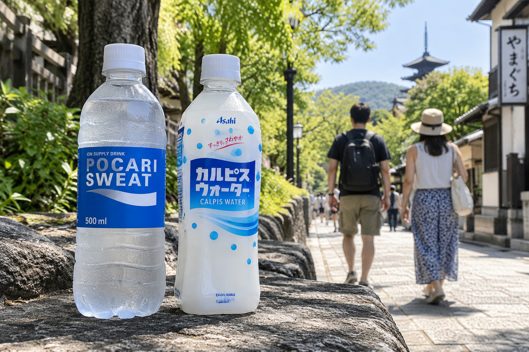 Chilled Pocari Sweat and Calpis Water bottles on a sunny sightseeing walk