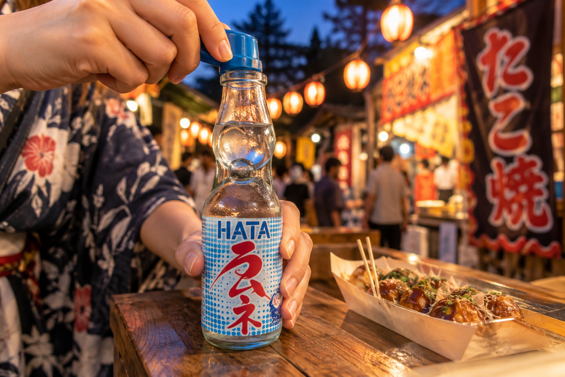 HATA ramune marble bottle being opened beside takoyaki at a Japanese festival stall
