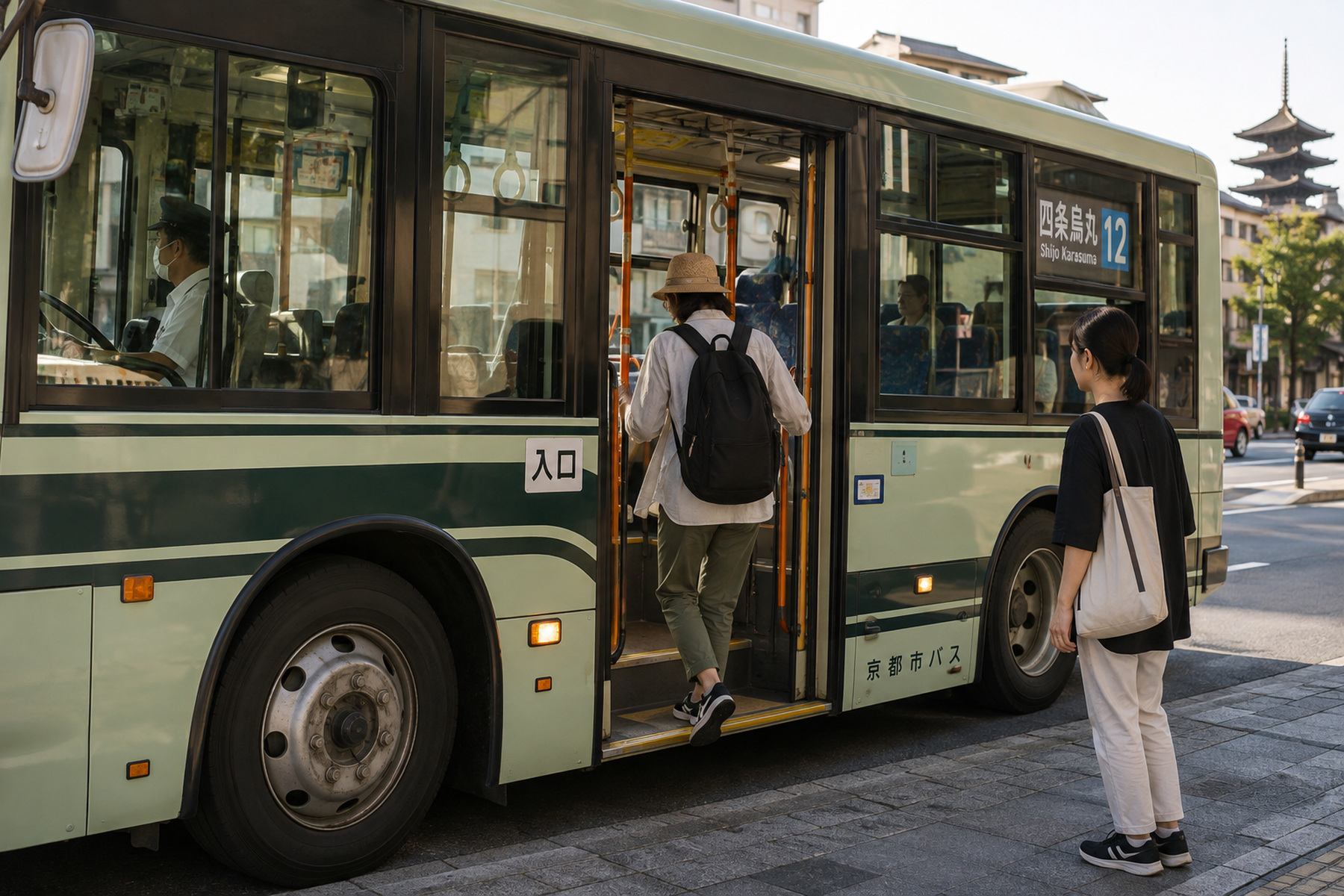 Travelers boarding a city bus at a busy stop in central Tokyo