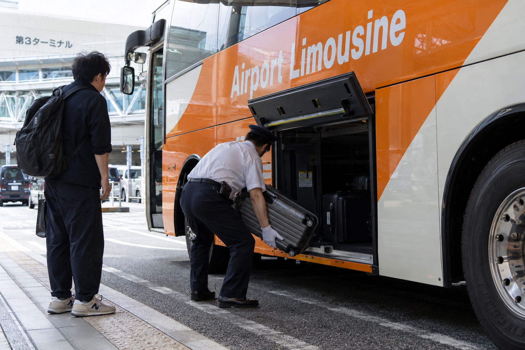 Passenger waiting beside the open door of a city bus at a crowded Tokyo stop