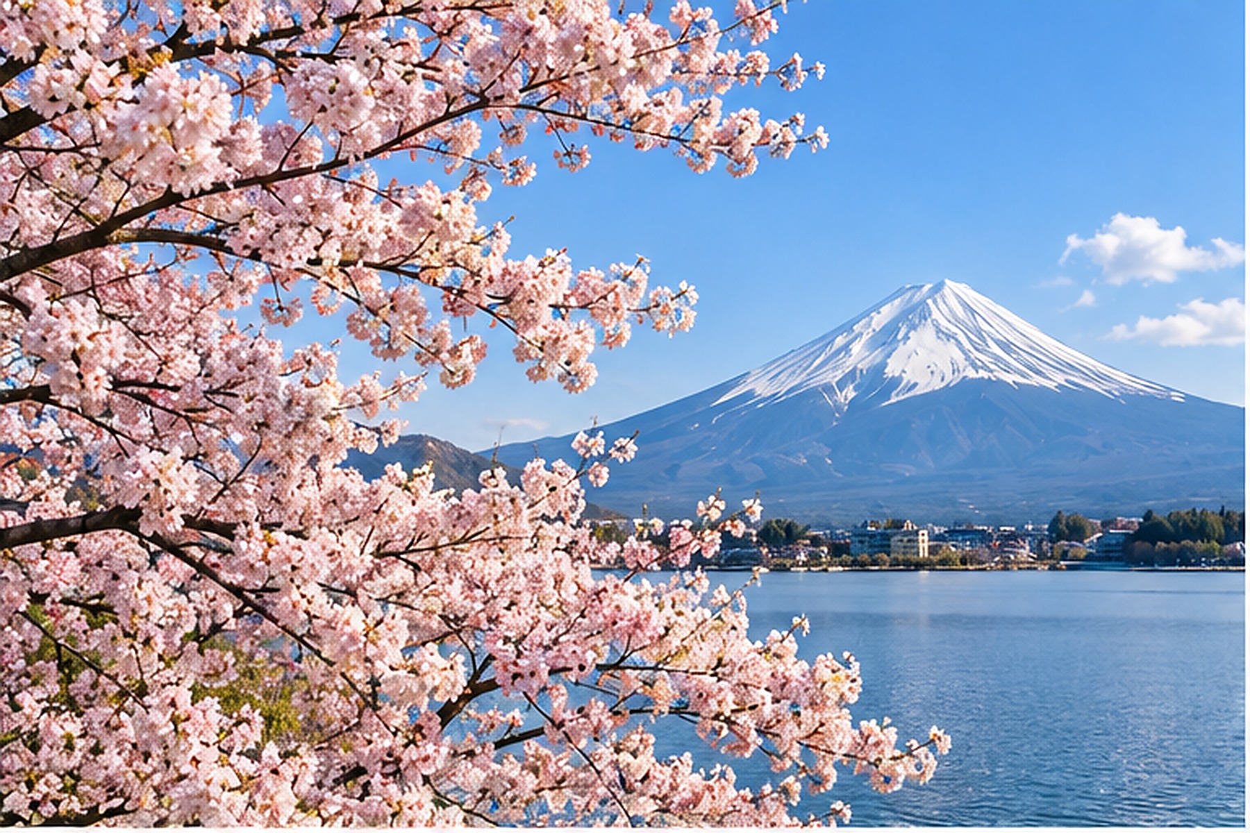 Cherry blossoms framing Mount Fuji and a lake in spring