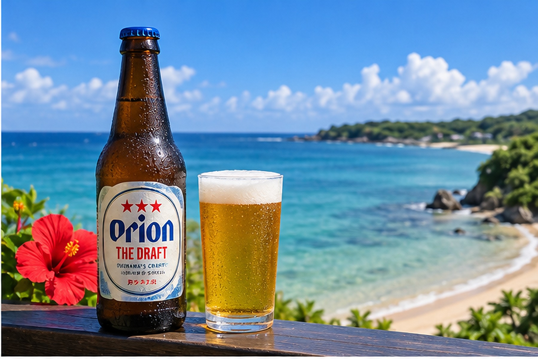 Chilled Orion beer overlooking a sunny beach in southern Japan