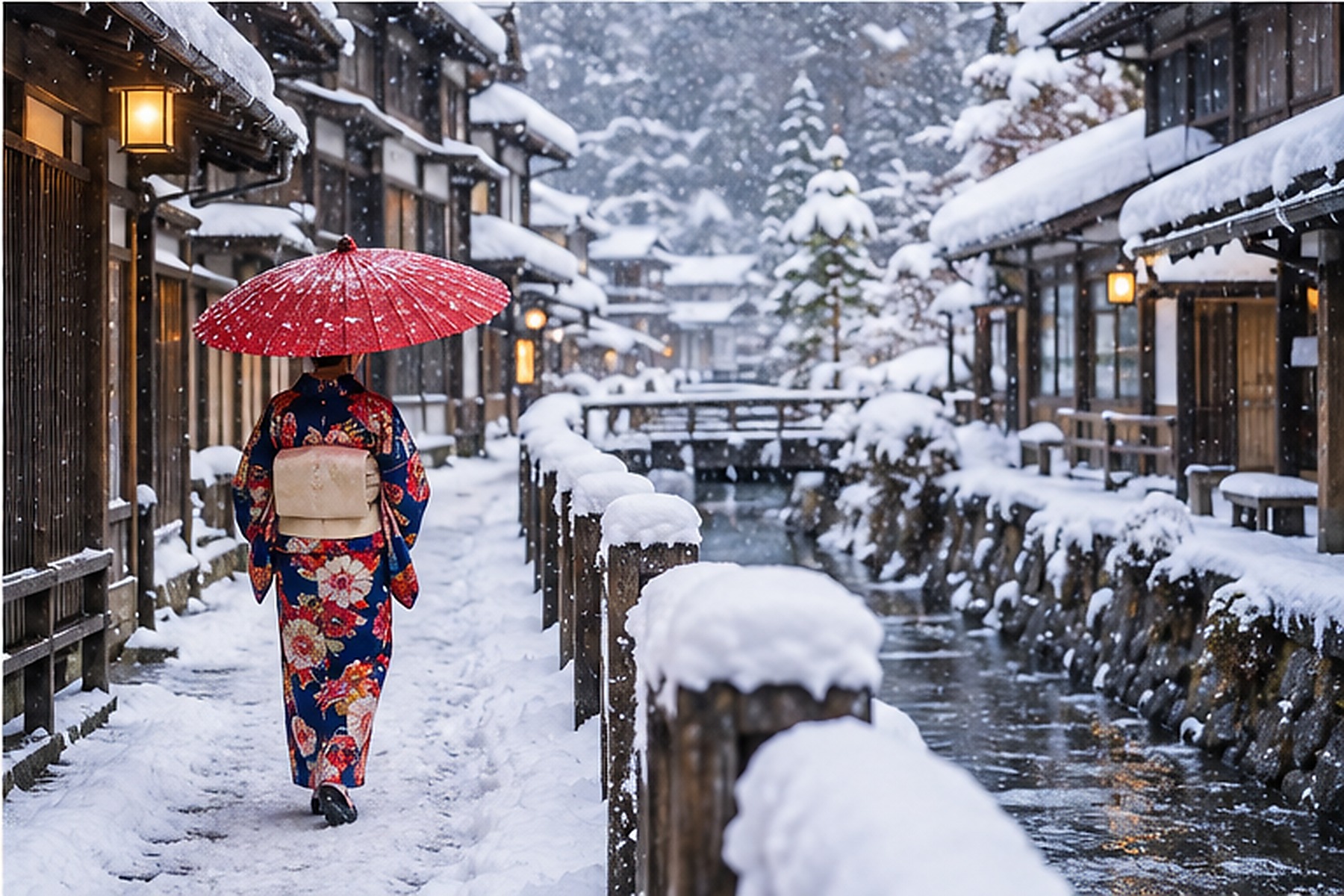 Traveler walking under a red umbrella on a snowy traditional street in Japan