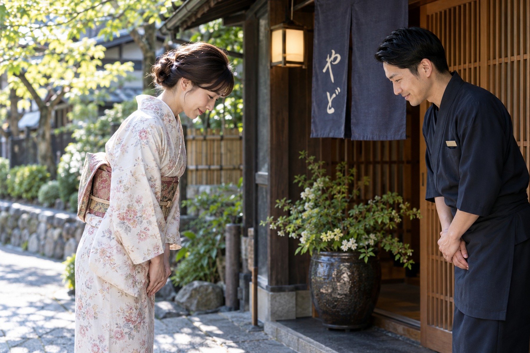 Guest and staff member greeting each other at a traditional Japanese inn