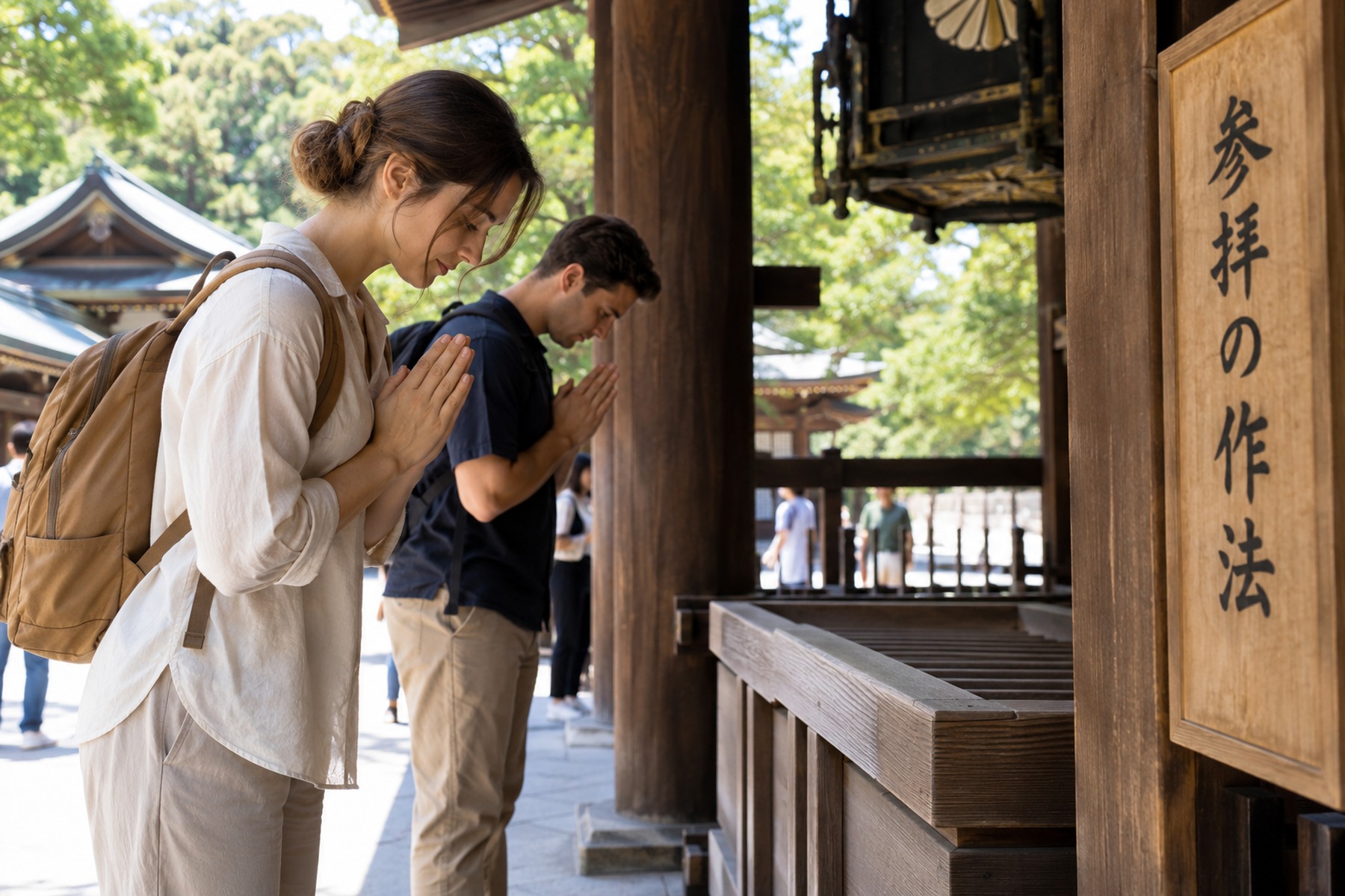 Visitors praying quietly beside a wooden temple structure