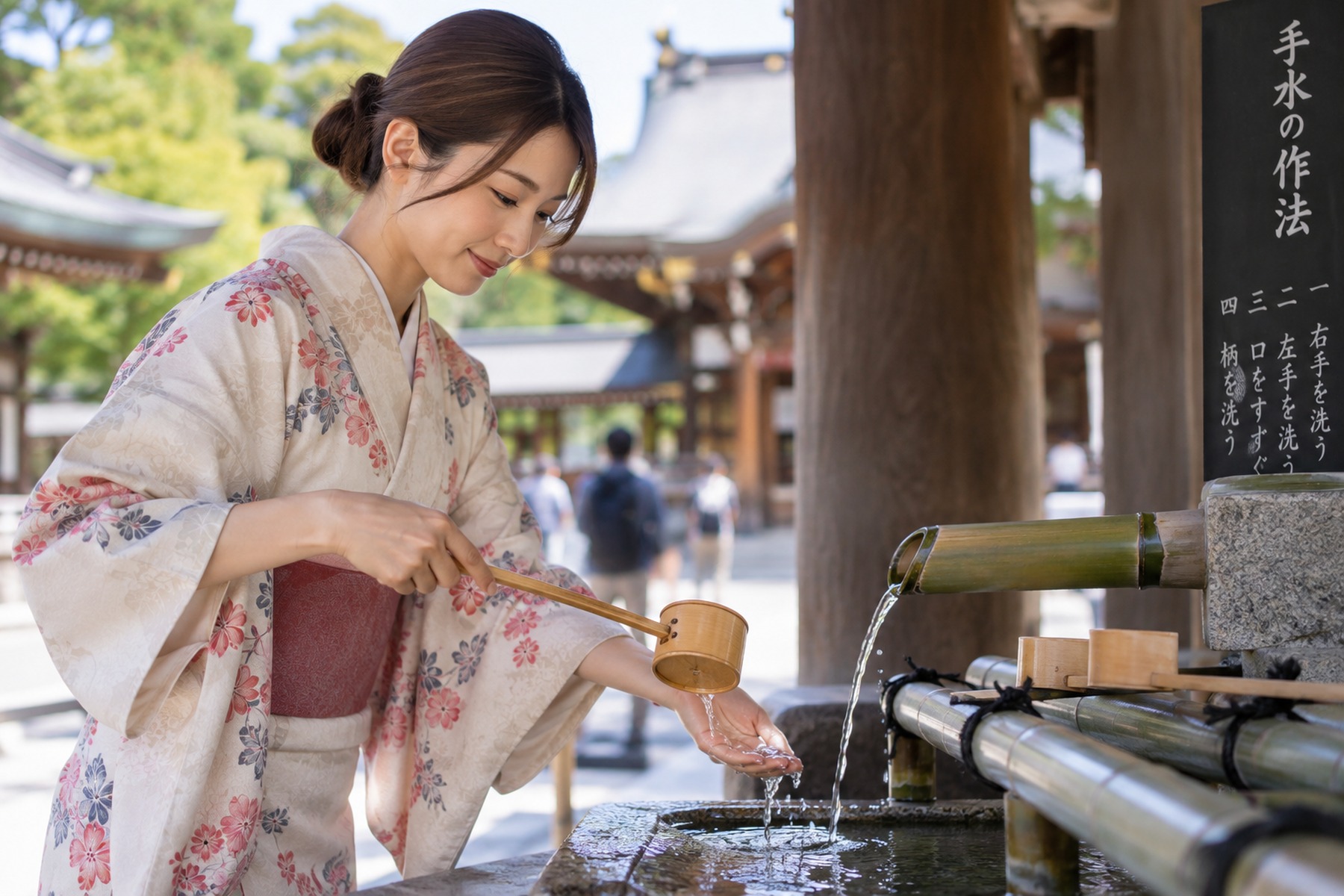 Visitor rinsing her hand at a shrine purification basin