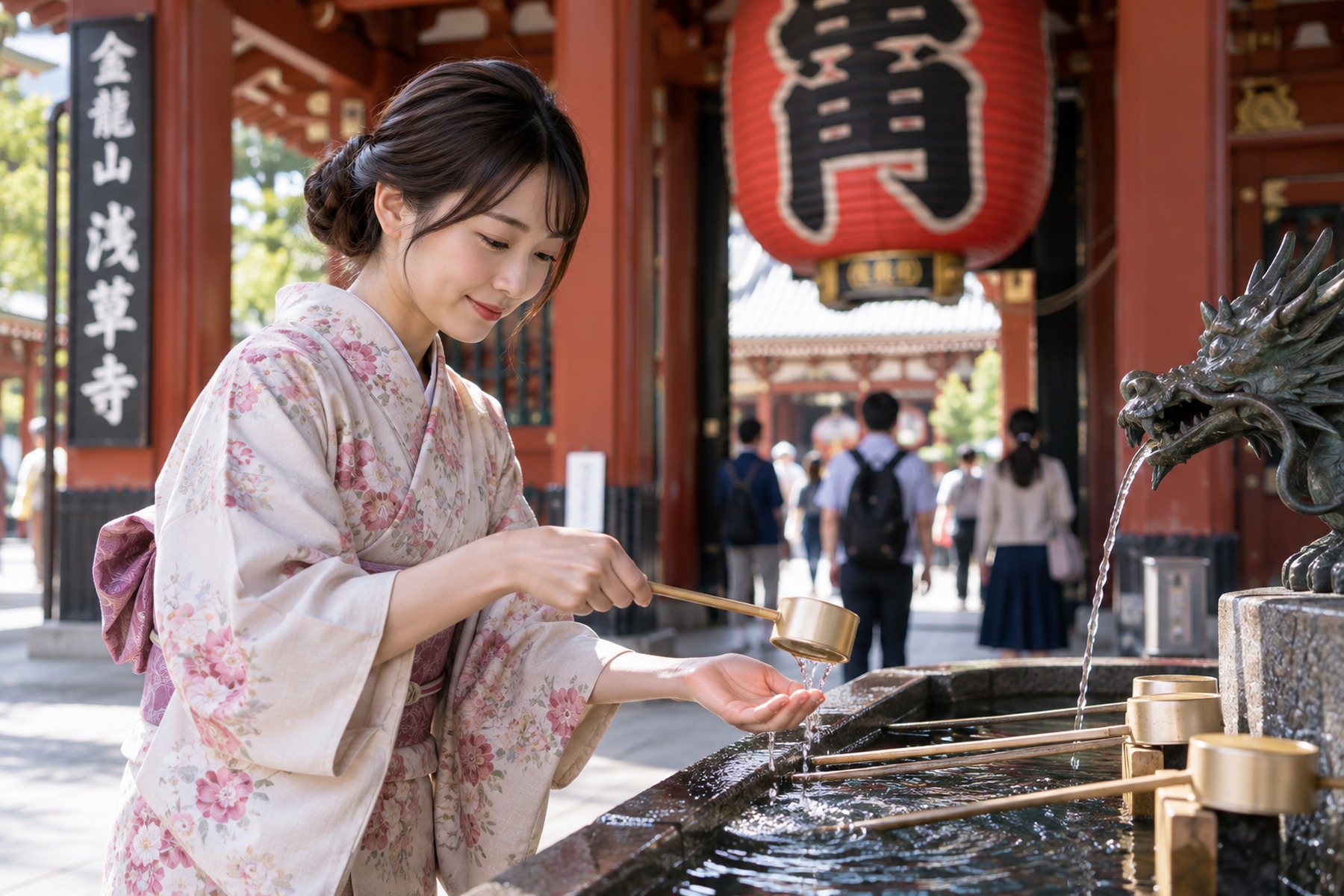 Traveler using a temple purification basin before continuing her visit