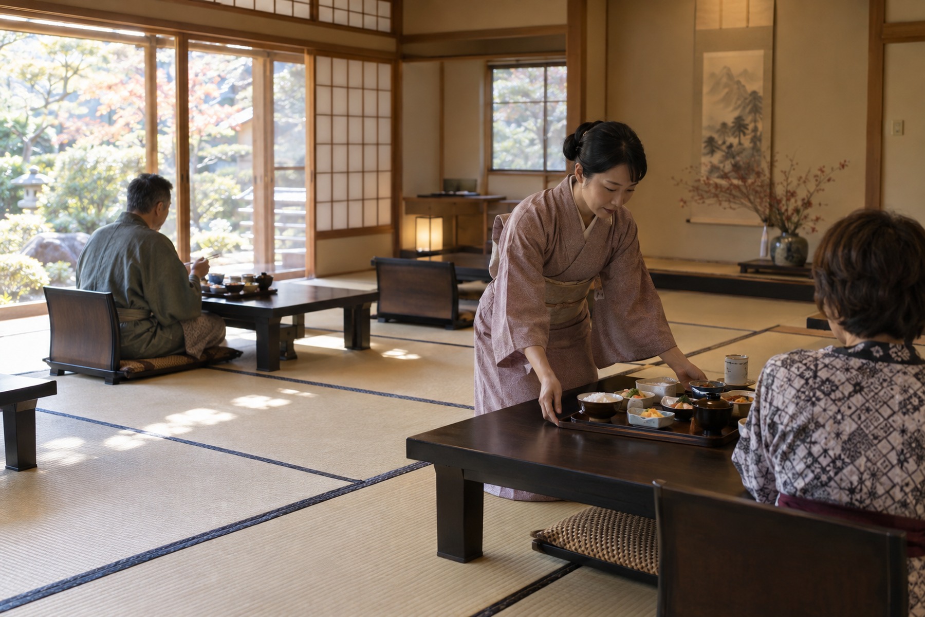 Ryokan staff placing a Japanese breakfast tray on a low table in a tatami dining room