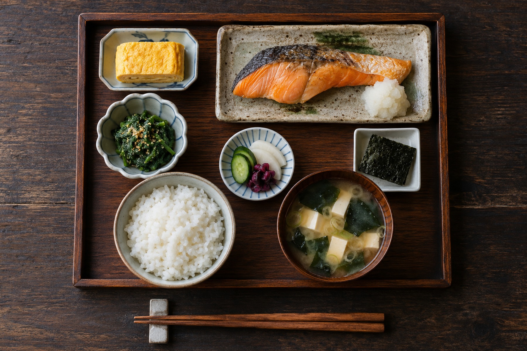Traditional Japanese breakfast with rice, miso soup, grilled salmon, tamagoyaki and small side dishes