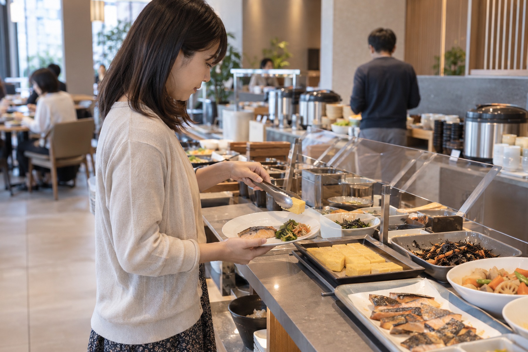 Traveler selecting tamagoyaki and grilled fish at a Japanese hotel breakfast buffet