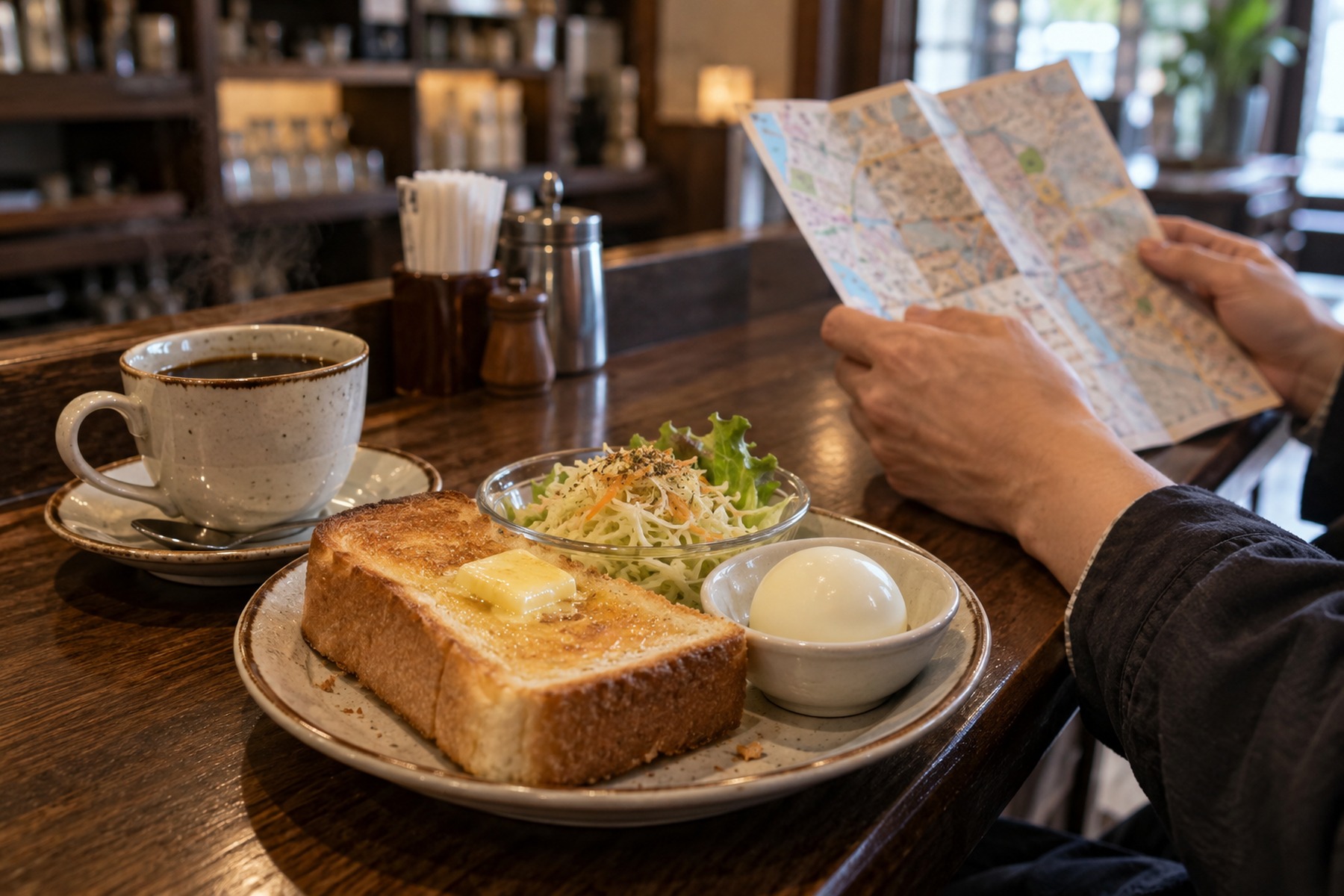 Japanese kissaten morning set with buttered toast, boiled egg, salad and black coffee