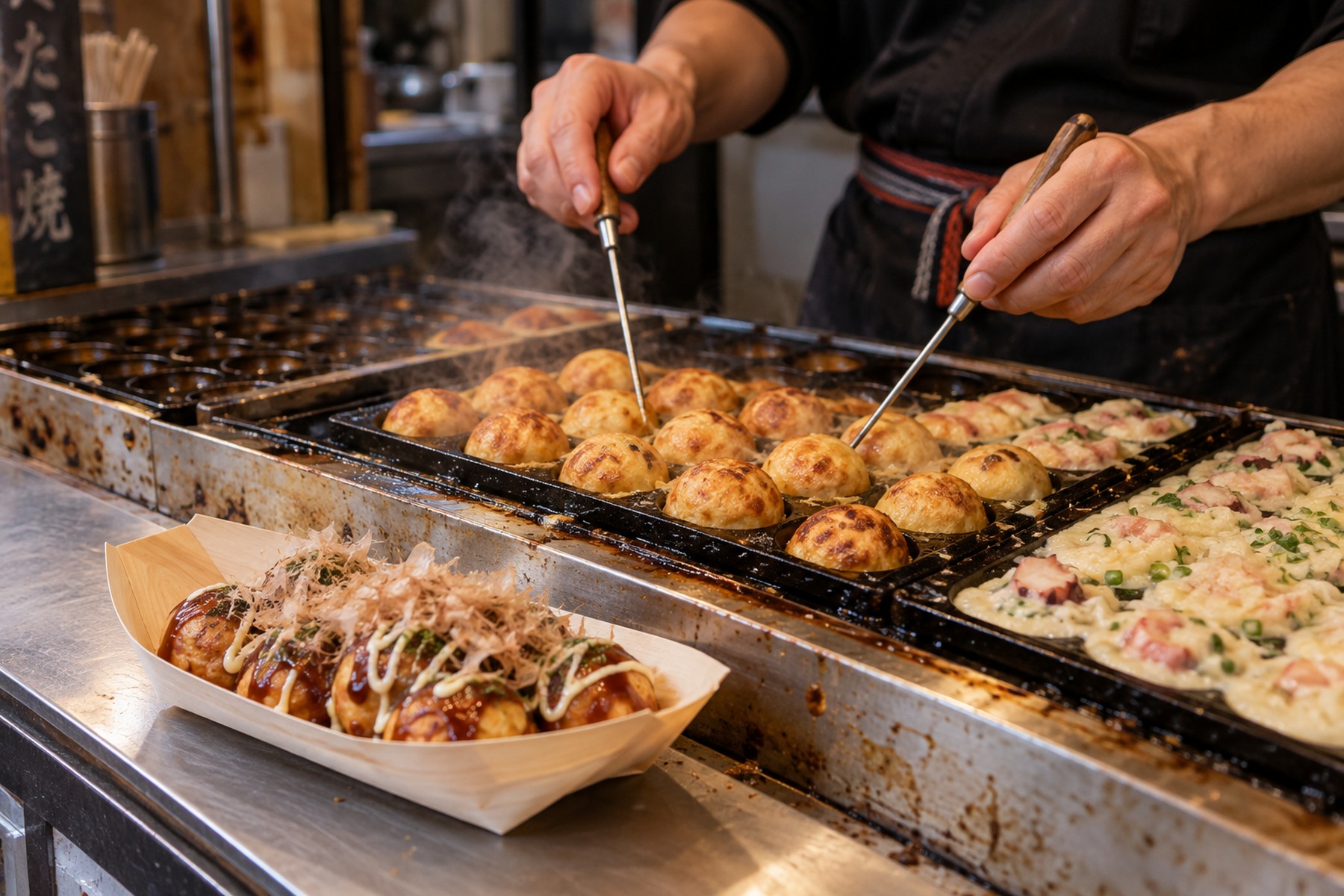 Cook turning takoyaki on a hot griddle at a street food stall