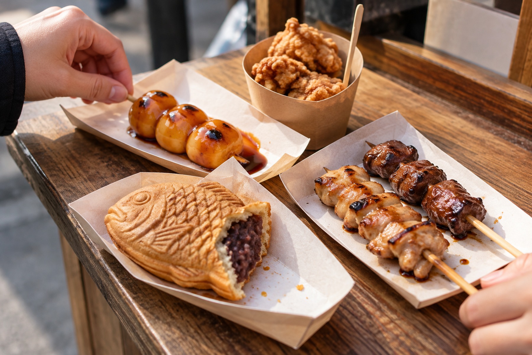 Dango, karaage, taiyaki and yakitori served in paper trays