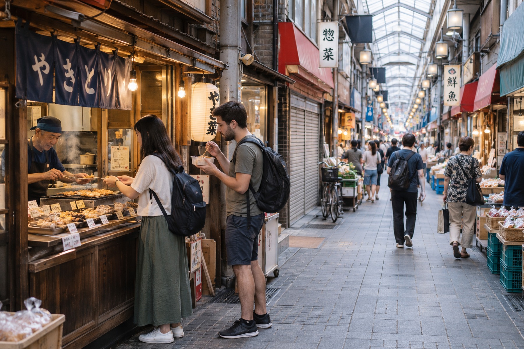 Covered Japanese market arcade with shoppers and a yakitori food stall